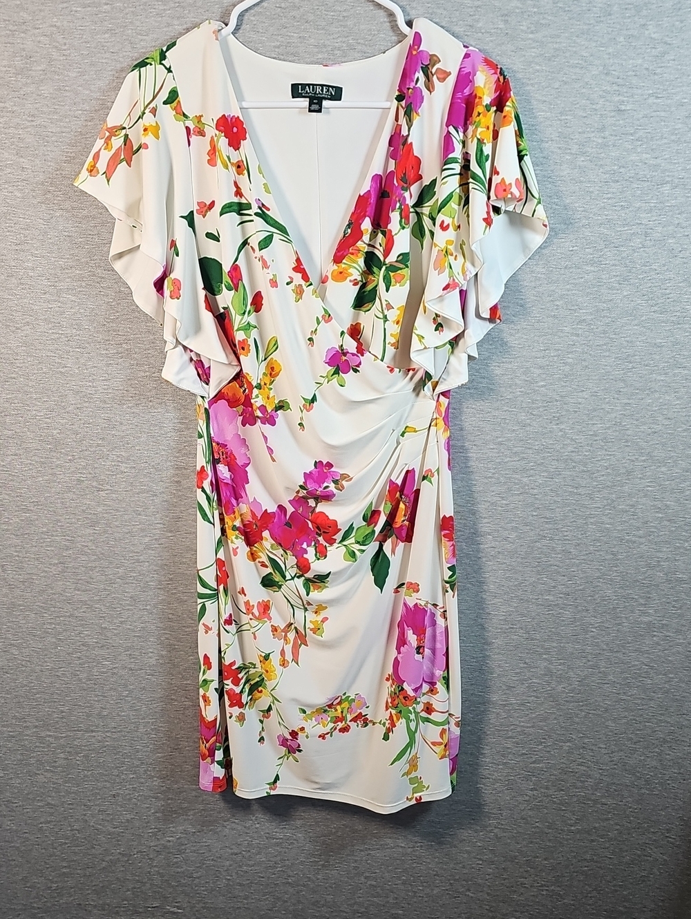 Lauren Ralph Lauren Cream Midi Dress with Pink & Green Floral Print
